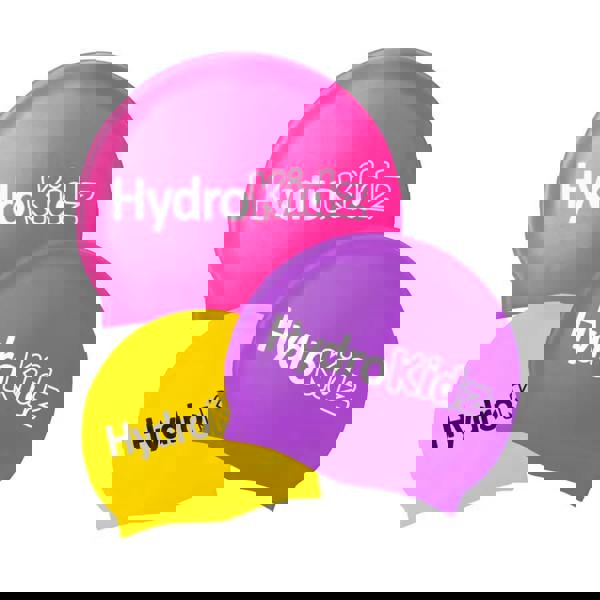 Vibrant HydroKidz high quality silicone swim cap in pink, yellow, purple for kids 2-8 years