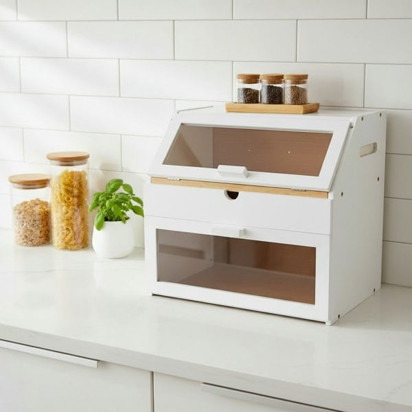 Maison des Cadeaux White 3 Compartment Bamboo Bread Bin