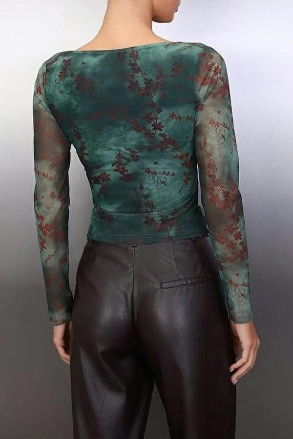 WOVCOR Abstract Floral Wrap Fitted Tulle Knit Blouse