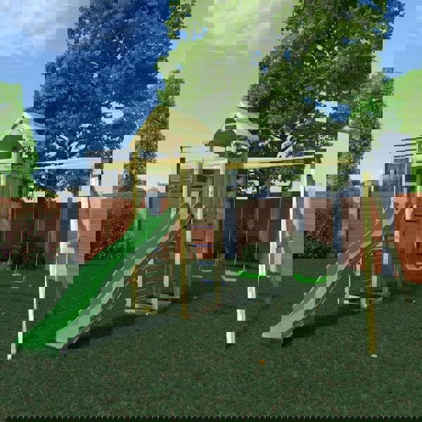 Gaia Climbing Frame Tower with swings climbing rope and slide - Best Shed