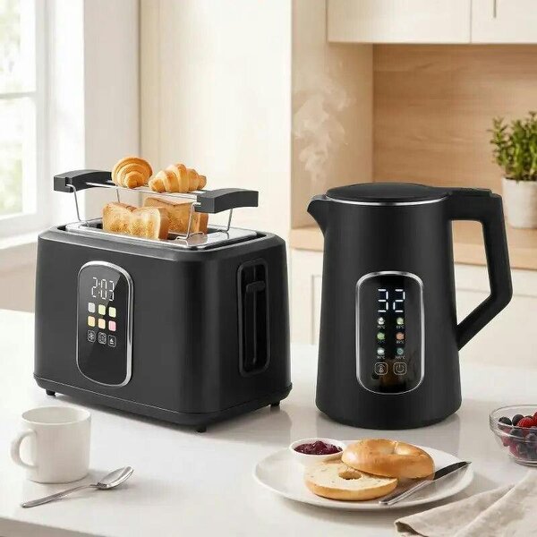 Kettle and Toaster Set with LED Touch Screen, Kettle with Strix Thermostat, 2 Slice Toaster w/ 6 Browning Levels, Black - Black