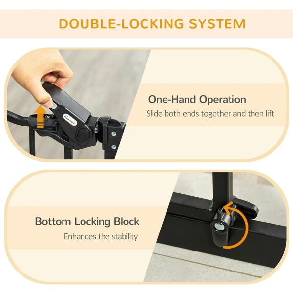 Black pet gate latch and locking mechanism on side rail