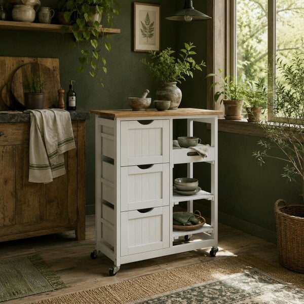 Wyld Haus Lonoronno Wooden White Compact Rolling Kitchen Island With Natural 3 Shelves 3 Drawers