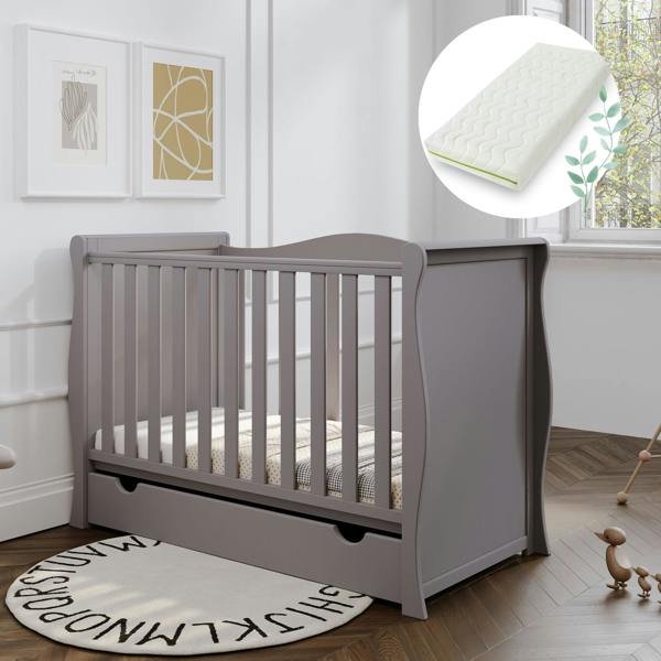 Viculii Willow Sleigh Mini Cot Bed Grey with Drawer and Bamboo Mattress