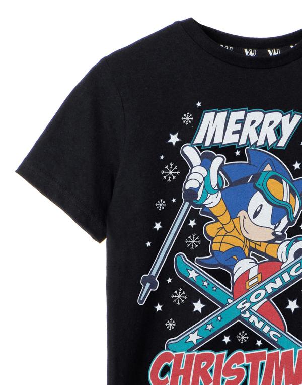 Sonic the Hedgehog Boys Black Merry Christmas Short Sleeved T-Shirt