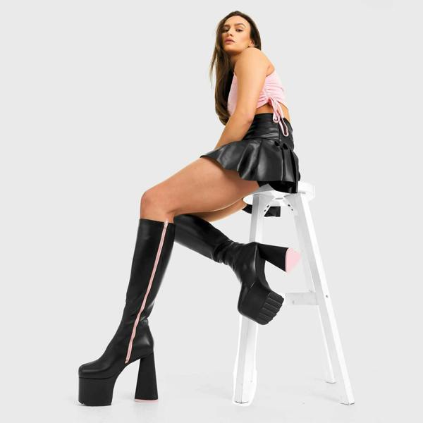 Lamoda Wide Eyed Black Pink Platform Knee High Boots Chunky Streetwear
