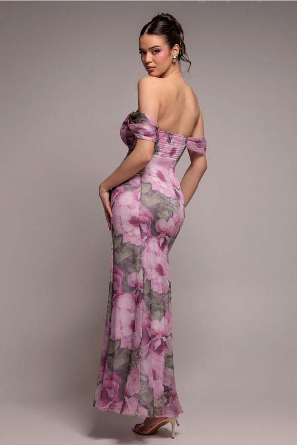 Cowl Neck Floral Print Jacquard Chiffon Maxi Dress - Blush Pink DR4583