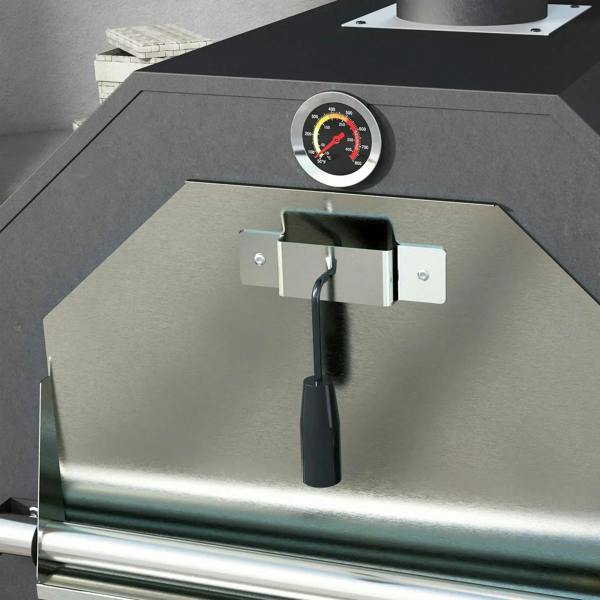 Black pizza oven grill control panel with thermometer dial and vent handle
