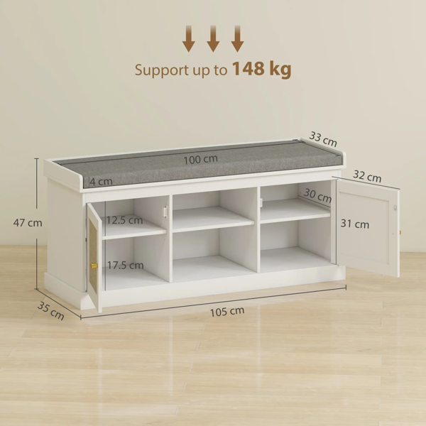 HOMCOM Boho Shoe Storage Bench with 2 Rattan Doors, Padded Cushion, Entryway Shoe Bench