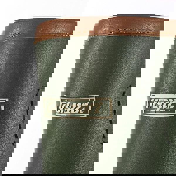 GriSport Delta Mens/Womens Zip Up Neoprene Fishing Hunting Farm Wellies Boots, close-up of the green neoprene boot with brown leather trim and GriSport logo.