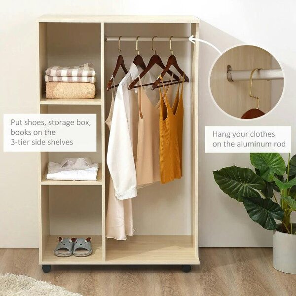 Open Wardrobe on Wheels, Bedroom Wardrobe - Clothes Hanging Rail, 3 Storage Shelves, Mobile Garment Rack for Hallway, Maple Wood-Effect