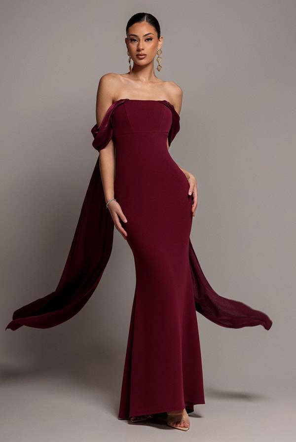 Off Shoulder Velvet Satin Wing Cape Maxi Dress - Burgundy DR5079