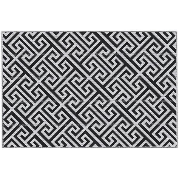 Black and white Greek key patterned outdoor rug rectangle, full view.