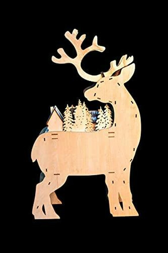Shatchi 69cm Brown Wooden Laser Cut Reindeer Light with Village Scene and Warm White LEDs