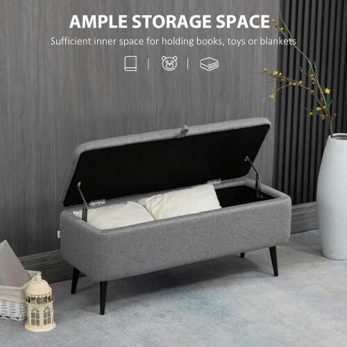 Wyld Haus Kala Fabric Grey Rectangular Storage Ottoman Bench With Flip Top And Steel Legs