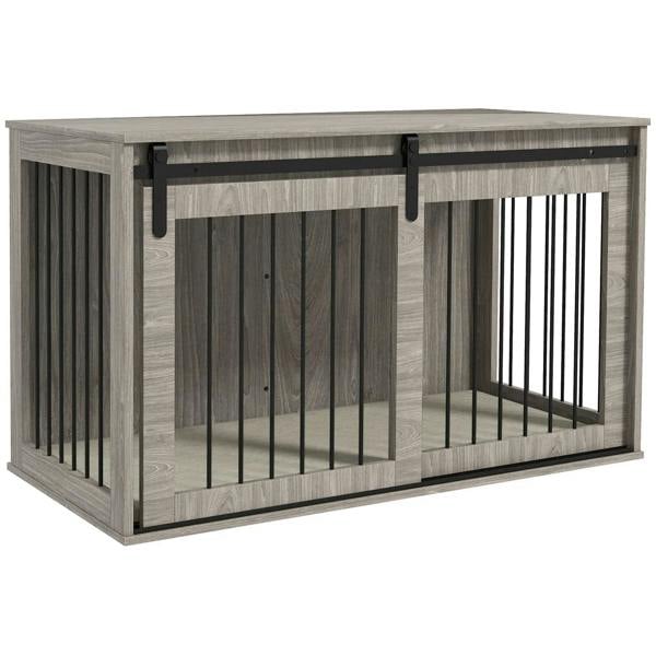Walnut-brown wooden dog crate furniture with slatted sides and hinged security latch