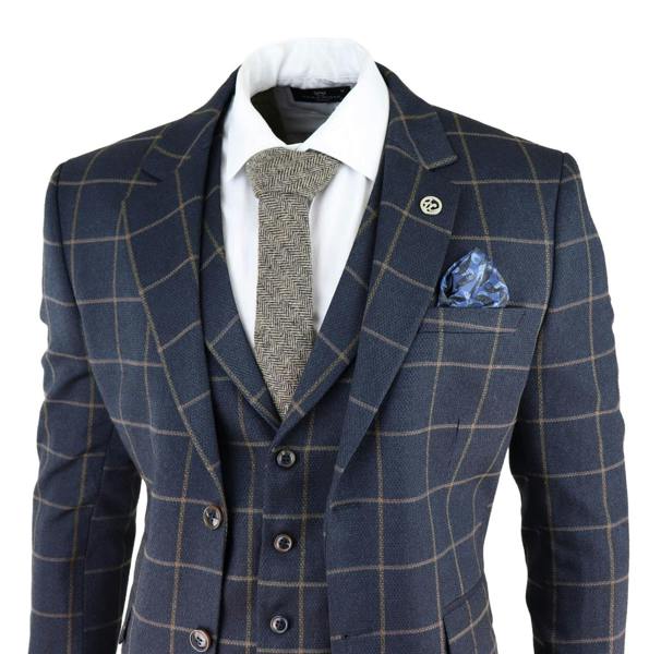 TruClothing Mens Navy Blue Check 3 Piece Tweed Suit Peaky Blinders 1920s Gatsby Tailored Fit