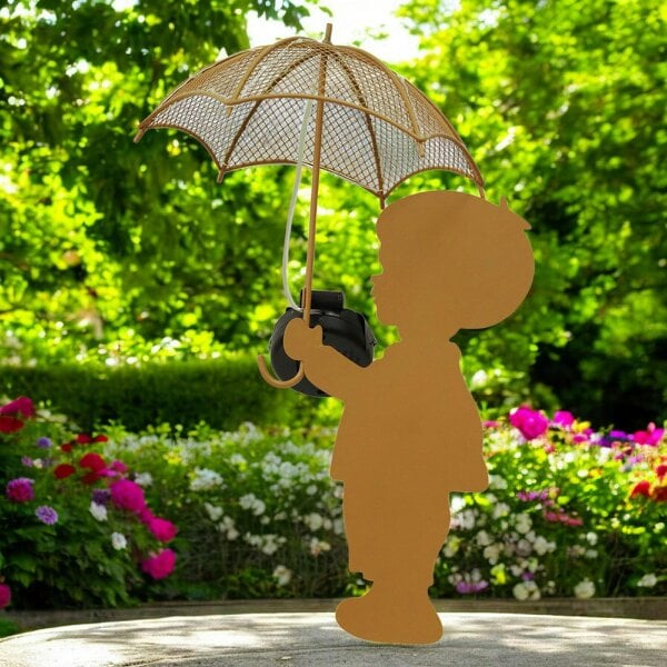 EDH Door Hardware Rustic Boy Silhouette with Solar Umbrella – 46 x 22 x 17.5 CM | Metal Garden Sculpture with Solar Light