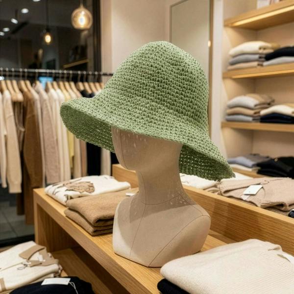 Moss green floppy straw sun hat on mannequin with wide brim