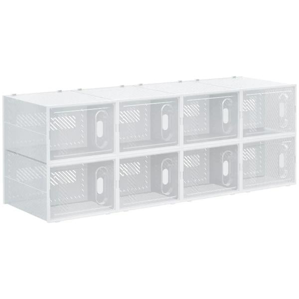 Clear plastic stackable shoe storage boxes with multiple compartments and transparent doors