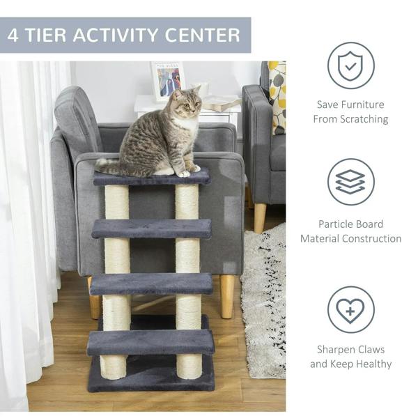 Grey 4-tier activity center pet stairs with sisal posts and cat on top