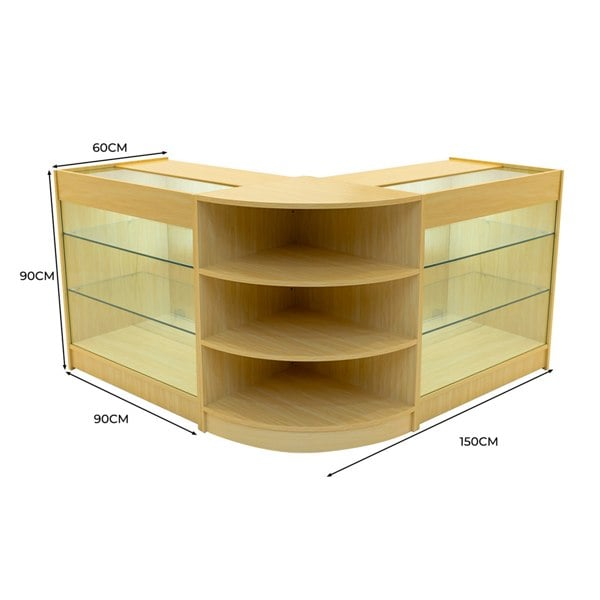 Maple Apollo LED shop counter set with curved design, glass shelves, and dimensions of 150cm x 90cm x 60cm, ideal for displays