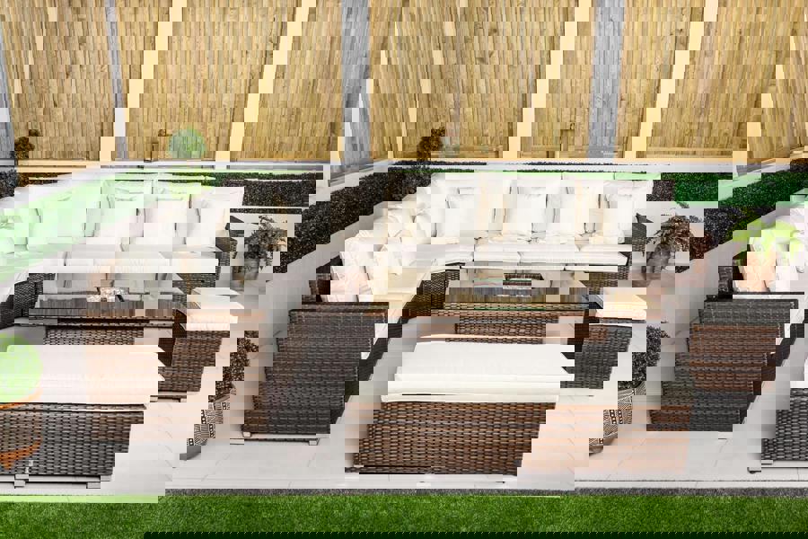 Giardino Santorini 6 Seat Modular Corner Sofa Rattan Garden Furniture Set Outdoor Adjustable Drinks Cooler Coffee Table & Bench