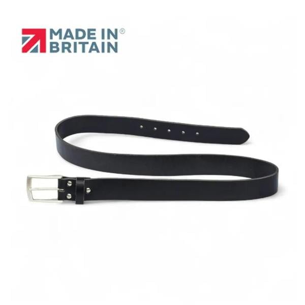Black belt with silver buckle on a white background, featuring 'Made in Britain' logo.