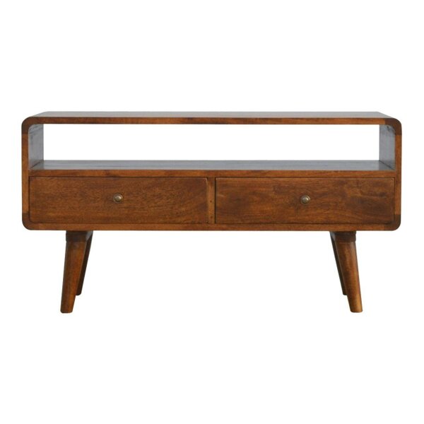 Wyld Haus Ostuni Low Curved Chestnut Mango Wood TV Media Unit 2 Drawers and Open Shelf