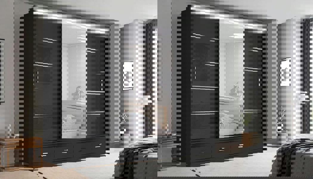 RAC3 Race to Road Stylish Bedroom Sliding Wardrobe with LED Light - Ample Storage Space and Sleek Design comes in White/Grey/Black & Width 205cm/256cm