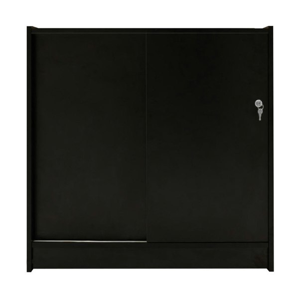Sleek black LED retail shop counter K900 with sliding doors, featuring a smooth finish and a secure key lock for safety
