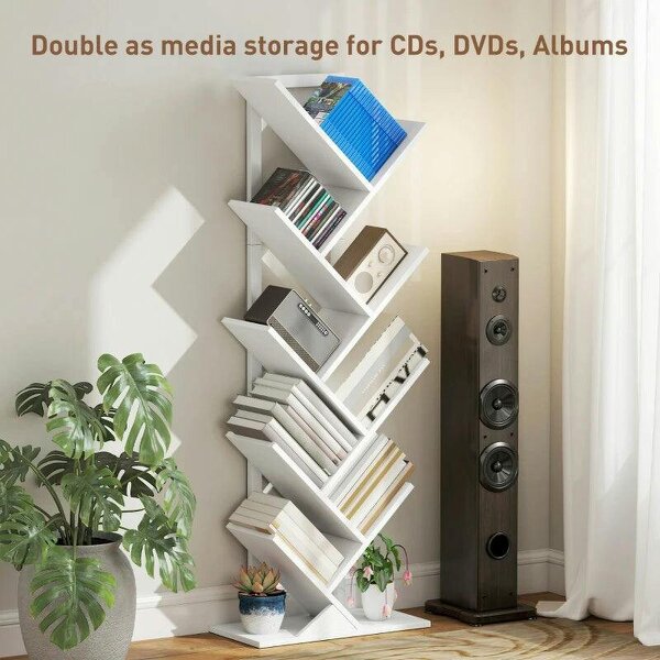 9-Tier Tree Bookshelf, Industrial Free Standing Bookcase with Steel Frame, Display Storage White