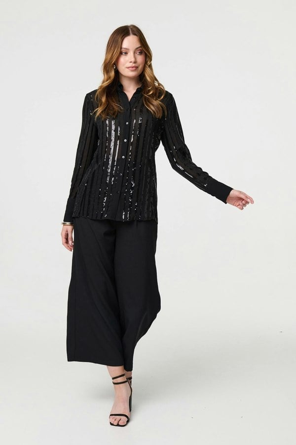 Black | Sequin Striped Sheer Long Sleeve Shirt
