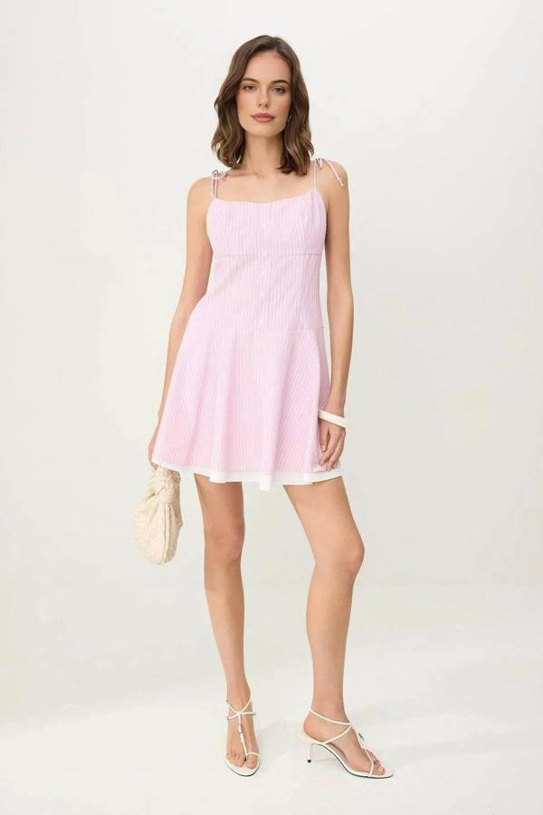 WOVCOR Striped Waist-Fronted Woven Mini Dress