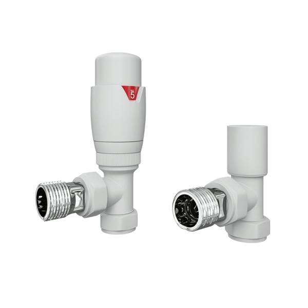 Flode Angled Round Manual Radiator Valve Pack | 15mm x 1/2″ | Matt White
