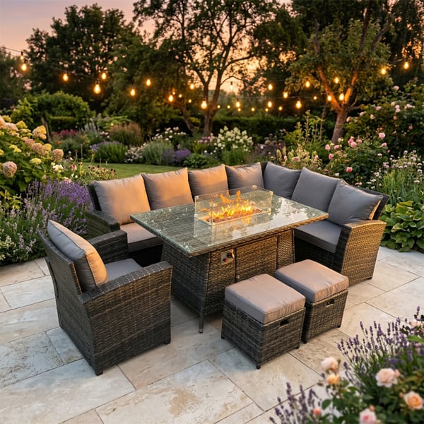 Fimous High Back Rattan Garden Furniture Sets Gas Fire Pit Dining Table Gas Heater Set Right Corner Sofa Small Footstools Chair 9 Seater