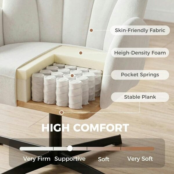 Bobobiy Swivel Accent Chair, Shell-Shaped Armchair with Spring Cushion, Metal Base, Cream White