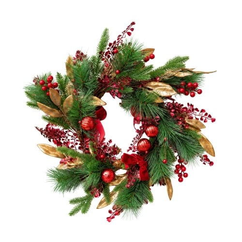 Samuel Alexander 38cm Ruby Velvet Christmas Wreath with Red Baubles, Berries & Bows