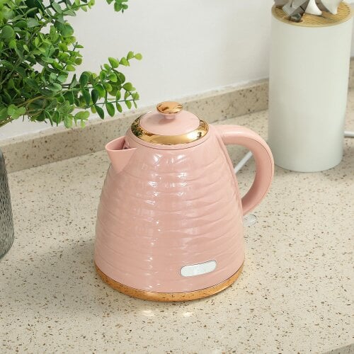 HOMCOM Electric Kettle, Fast Boil, 1.7L, 3kW, Swivel, Light Blue Ripple - Pink - Plastic, Stainless Steel - 1