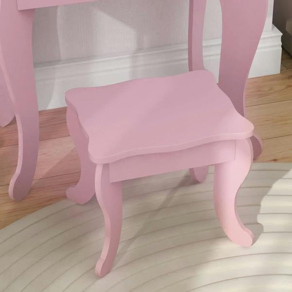 Pink matching vanity stool with upholstered seat and curved legs