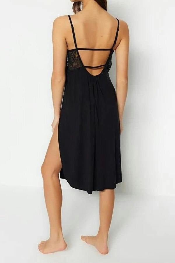 WOVCOR Lace Back and Slit Detail Strappy Knitted Nightdress