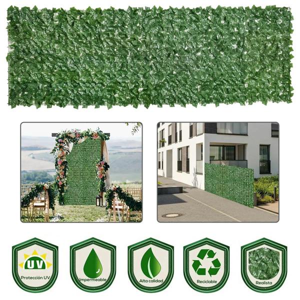 Dark green artificial leaf hedge privacy screen panel with dense foliage texture