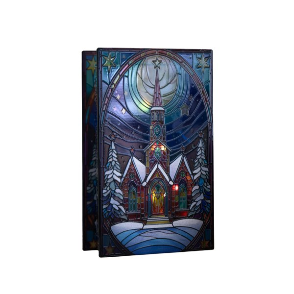 Samuel Alexander 21cm Battery Operated Light up Stained Glass Christmas Decoration with Church Scene & Warm White LEDs