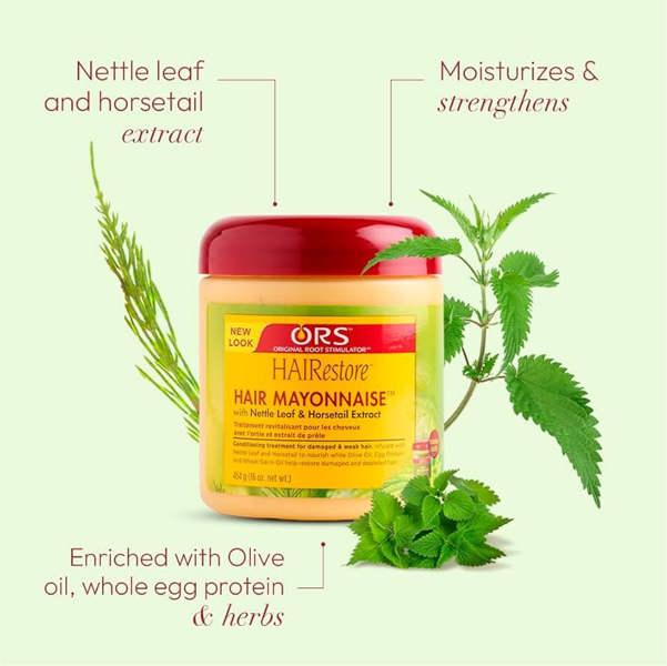 ORS Olive Oil Hair Mayonnaise a combination of hair-nourishing herbs, Olive Oil, Egg Protein and Wheat Germ Oil.