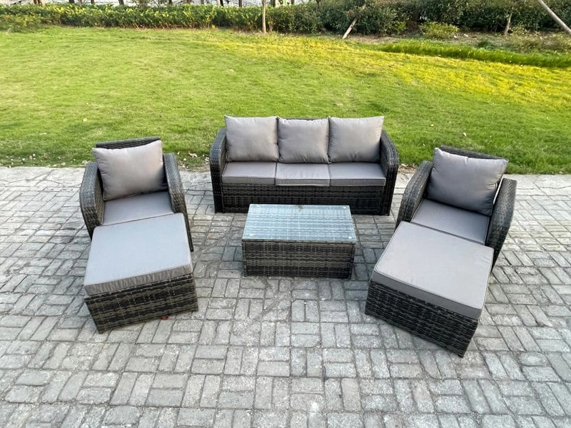 Fimous Wicker PE Rattan Garden Furniture Set 7 Seater Outdoor Lounge Sofa Set with Coffee Table 2 Big Footstool Dark Grey Mixed