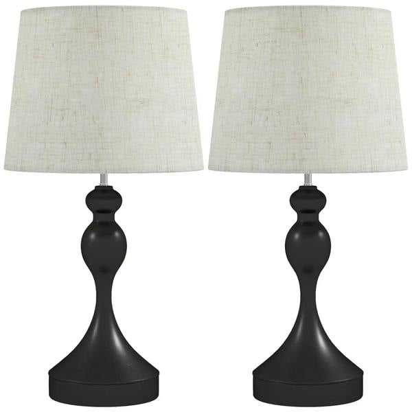 Set of two black table lamps with beige fabric drum shades