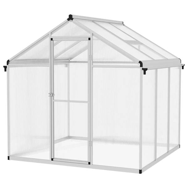Aluminium frame greenhouse with clear polycarbonate panels and double hinged doors.