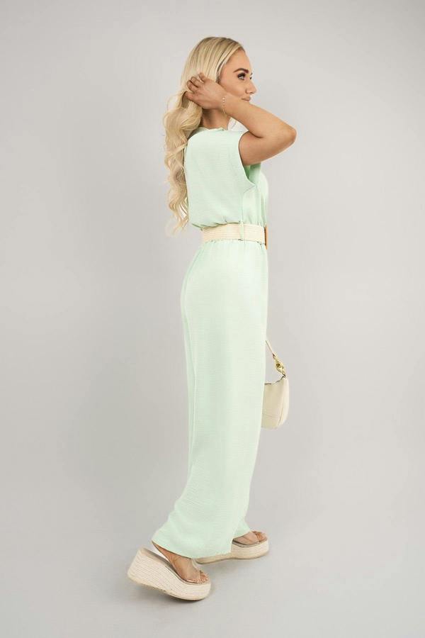 Ailina V Neck Short Sleeve Wide Leg Jumpsuit With Woven Belt - Mint