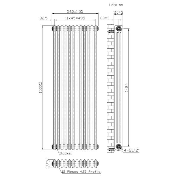 Monstershop Traditional 3 Column Radiator - 1500 x 560mm - Raw Metal