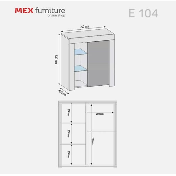 Mex Furniture Modern Sideboard 75cm – Oak Matt Body & Black Matt Door – Glass Shelves with Free LED